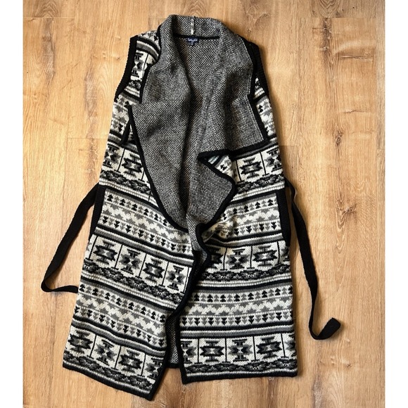 Splendid Aztec Long Sweater Vest Womens XS/S Black White Mohair Wool Blend Belt - Picture 1 of 9